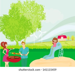 vector illustration of a family having a picnic