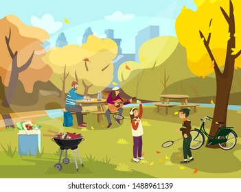 Vector illustration of family having picnic in autumn park. Kids playing badminton. Woman playing the guitar, man sitting at the table with sandwiches and thermos. Barbeque with food, cooler bag. 