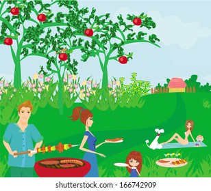 A vector illustration of a family having a picnic