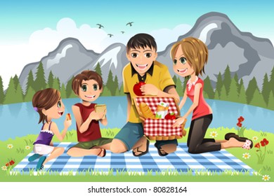 A vector illustration of a family having a picnic in a park