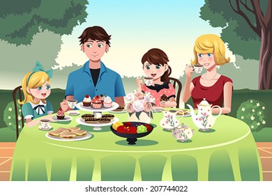 A Vector Illustration Of Family Having A Tea Party Outdoor Together