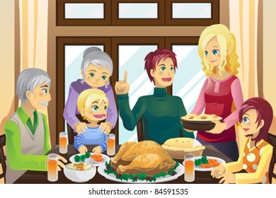 A vector illustration of a family having a Thanksgiving dinner together