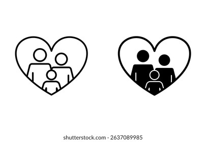 Vector illustration of family in heart icon. Silhouette and line style signs