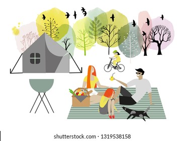 Vector illustration of family holiday at a nature and outdoor activities. Flat cartoon vector illustration.  