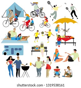 Vector illustration of family holiday at a nature and outdoor activities. Flat cartoon vector illustration.  