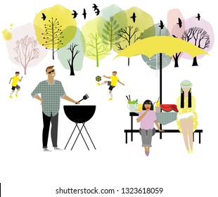 Vector illustration of family holiday at a nature and outdoor activities. Flat cartoon vector illustration.  