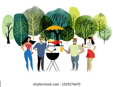 Vector illustration of family holiday at a nature and outdoor activities. Flat cartoon vector illustration.  