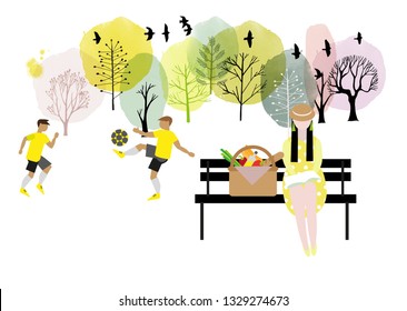 Vector illustration of family holiday at a nature and outdoor activities. Flat cartoon vector illustration.  