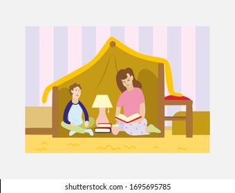 Vector illustration of family in the home made play hut