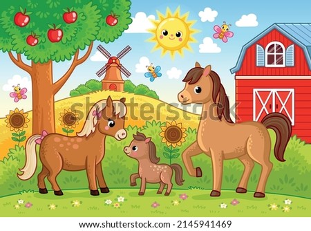 Vector illustration with a family of horses and a farm in cartoon style. Cute picture on an agricultural theme.