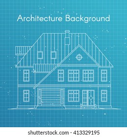 Vector illustration of family house or cottage. Architecture blueprint background. Large private cottage for real estate brochures or web icon.