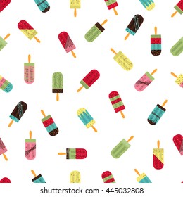 Vector illustration of family ice cream seamless pattern. Colorful flat design of ice cream collection. Isolated on white background. Cartoon dessert.