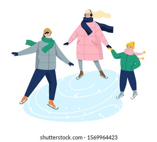 Vector illustration of family ice skating in warm winter clothes. Winter sport activity. Isolated illustration of skater, idea of healthy and happy lifestyle