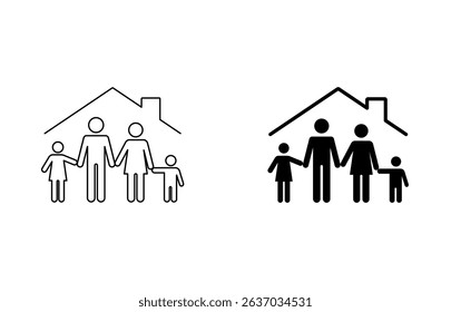 Vector illustration of family inside the house icon. Shelter for parents and children linear sign editable stroke
