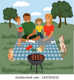 vector illustration of family with kids and pets getting rest outdoor and cooking shashlik