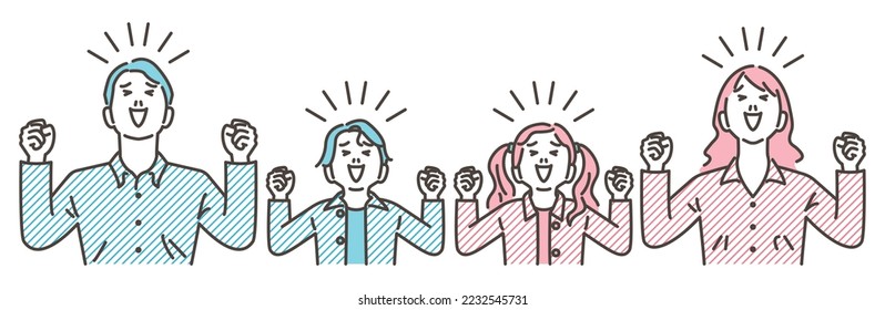 Vector illustration of a family laughing and raising both fists in the air in joy.