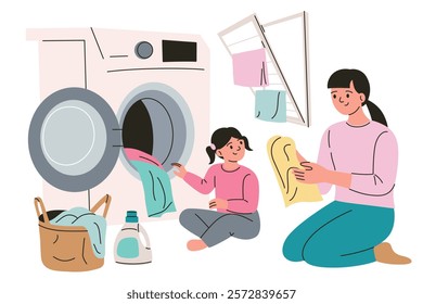 Vector illustration of family laundry routine with mother and daughter, washing machine, detergent, and drying rack. Flat cartoon style, colorful modern design for household and parenting themes