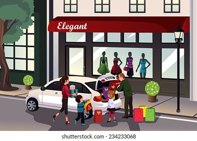 A vector illustration of family loading shopping stuff into the car