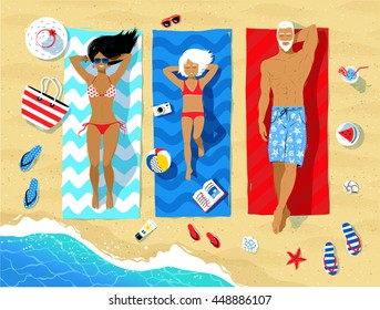 Vector illustration of family lying on beach and sunbathing with summer accessories and sea surf near them.