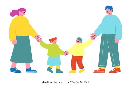 Vector illustration of a family. Male-female couple raising a child and their child. Flat design illustration of parent and child holding hands.