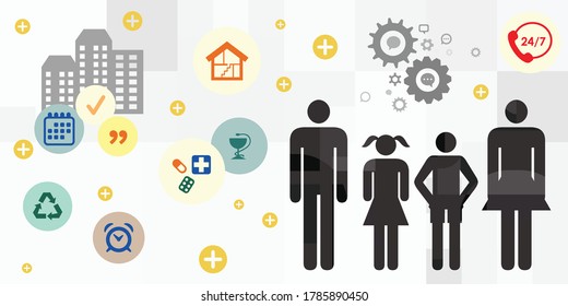 ilustración vectorial con familiares y necesidades básicas para el hogar y el estilo de vida