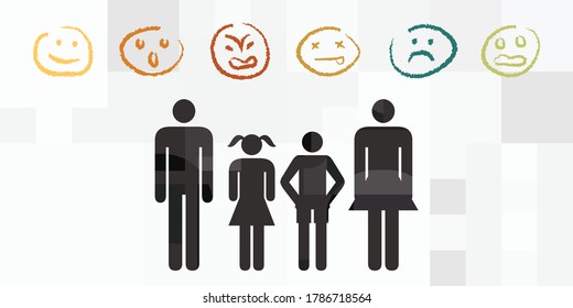 vector illustration with family members and basic emotions faces reactions