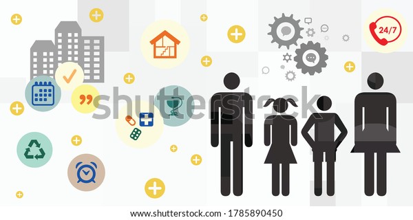 vector illustration with family members and\
basic needs for household and\
lifestyle