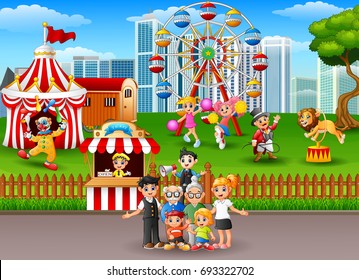 Vector illustration of Family members recreation in the amusement park