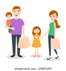 Vector illustration of family: mom, dad and son. Shopping bags. Family shopping with credit card.credit card payment