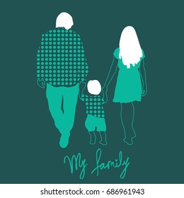 Vector illustration family. Mom dad I love. Line art, spot. iscription: my family