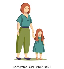 Vector illustration of a family. Mom and daughter holding hands.