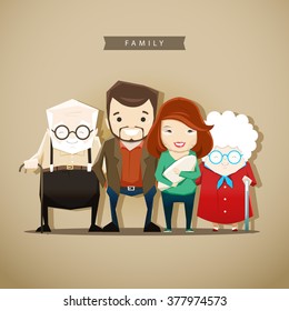 Vector illustration of a family of mother, dad, grandparents and the newborn