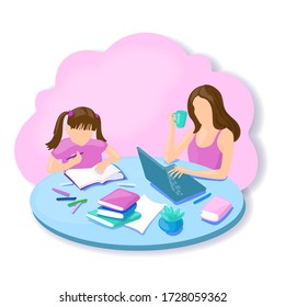 Vector illustration family mother and daughter working and learning together