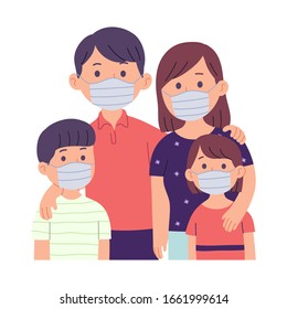 vector illustration of a family with a mother, father and two children who wear masks because they are sick or protect themselves from pollution, bacteria or viruses in the air and the environment