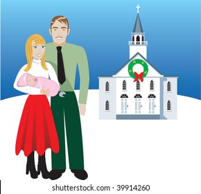 Vector Illustration of Family number 4. A family of 3 in front of church during Christmas time. Has room for message or text.