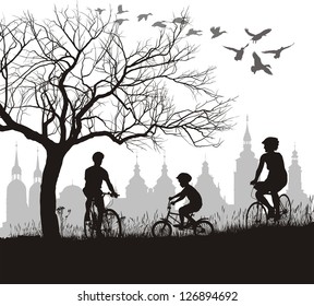 vector illustration of family on bicycles, behind the historic city