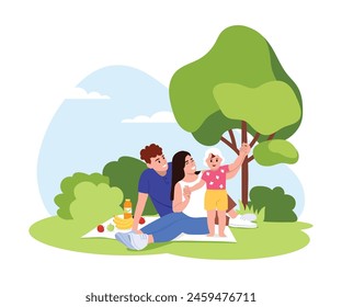 Vector illustration of a family on a picnic.Cartoon scene of a man and a woman with a baby sitting on a blanket with fruit, juice, in nature, in a park with green trees, bushes,blue sky,white clouds.