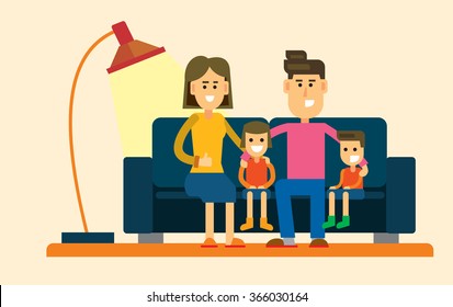 vector illustration of family on sofa in interior