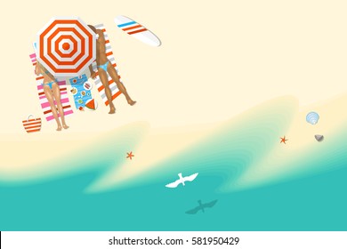 Vector Illustration. Family On The Sunny Beach. (top View) Summertime - Sea, Sand, Umbrellas, Towels, Objects. (view From Above)