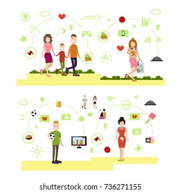 Vector illustration of family with one children, mother with purchases, mom cooking and daddy with ball. Family people symbols, icons isolated on white background. Flat style design.