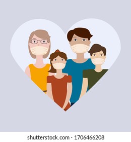 Vector Illustration Of A Family, Parents With Two Children Who Wear Masks