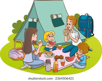 Ilustración vectorial del picnic familiar, el camping y la pesca