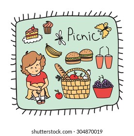 Vector illustration family picnic. Picnic icons set in cartoon style. 