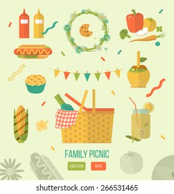 Vector illustration family picnic. Summer, spring barbecue and picnic icons set. Flat style. Snacks, vegetables, healthy food. Party items, decorations. Romantic dinner, lunch for lovers outdoors.