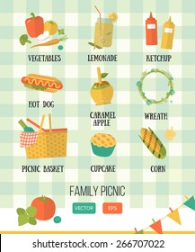 Vector illustration family picnic. Summer, spring barbecue and picnic icons set. Flat style. Snacks, vegetables, healthy food on checkered tablecloth. Party items, decorations, food. Romantic dinner.