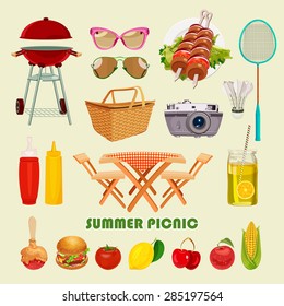 Vector illustration family picnic. Summer, spring barbecue and picnic icons set. Vintage style. Snacks, vegetables, healthy food. Party items, decorations. Romantic dinner, lunch for lovers outdoors.