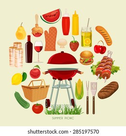 Vector illustration family picnic. Summer, spring barbecue and picnic icons set. Vintage style. Snacks, vegetables, healthy food. Party items, decorations. Romantic dinner, lunch for lovers outdoors.