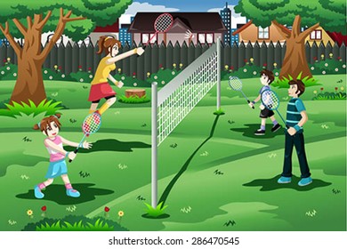 A Vector Illustration Of Family Playing Badminton In The Backyard