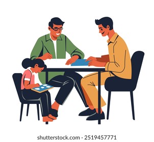 A vector illustration of a family playing a board game together at a table. Isolated on a white background. Perfect for family-related or board game-themed designs.