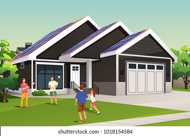 A Vector Illustration Of Family Playing Outside Their Home With Solar Roof